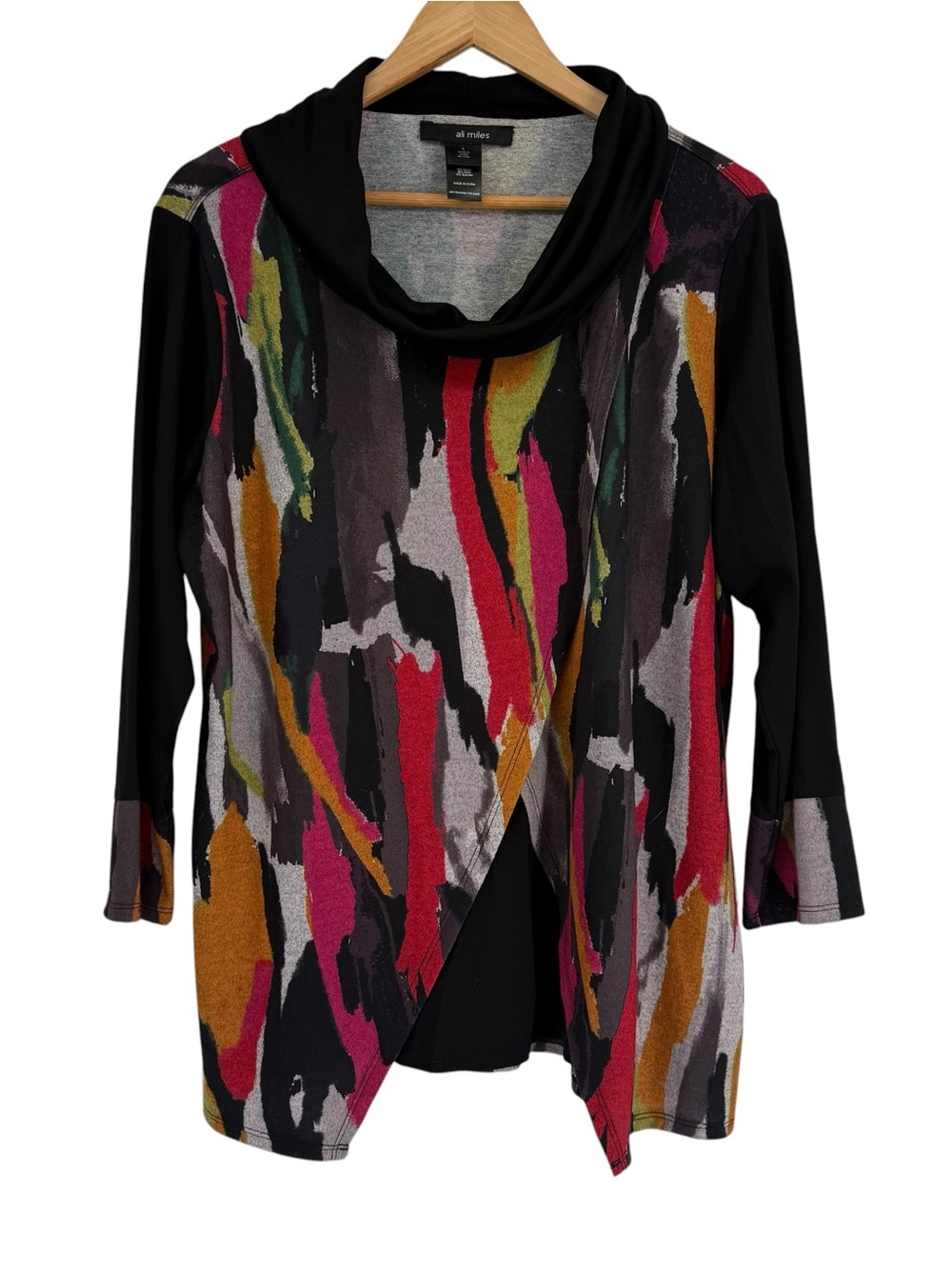 Ali Miles Top Womens Large Tunic Art to Wear Black Split Front Fleece Lagenlook